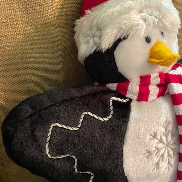 Penguin Holiday Pillow, Penguin with Scarf and Santa Hat, Snowflake embroidery - Picture 5 of 6